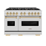 ZLINE Autograph Edition 48 in. 6.7 cu. ft. Classic Double Oven Gas Range with 8 Burner Cooktop in DuraSnow' Stainless Steel and Polished Gold Accents (CGRSZ-48-G)