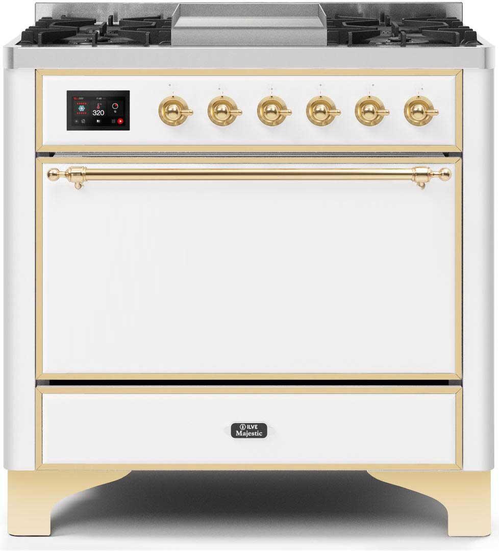 Majestic II 36 Inch Dual Fuel Liquid Propane Freestanding Range in White with Brass Trim