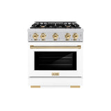 ZLINE Autograph Edition 30 in. 4.2 cu. ft. Select Dual Fuel Range with 4 Burner Gas Cooktop and Electric Convection Oven in Stainless Steel with White Matte Door and Polished Gold Accents (HDRZ-WM-30-G)