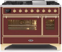 Majestic II 48 Inch Dual Fuel Liquid Propane Freestanding Range in Burgundy with Brass Trim