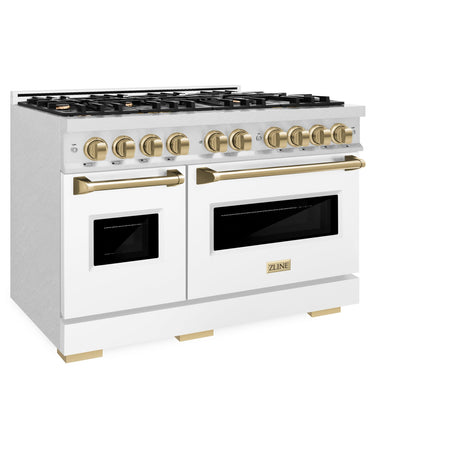 ZLINE Autograph Edition 48 in. 6.7 cu. ft. Classic Double Oven Gas Range with 8 Burner Cooktop in DuraSnow' Stainless Steel with White Matte Doors and Champagne Bronze Accents (CGRSZ-WM-48-CB)