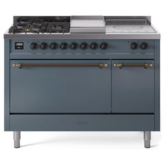 ILVE Nostalgie II 48 UP48FSQNMPBGB Freestanding Dual Fuel Range with 5 Sealed Burners Yes and French Top Double Oven with Solid Door in Blue Grey with Bronze knobs