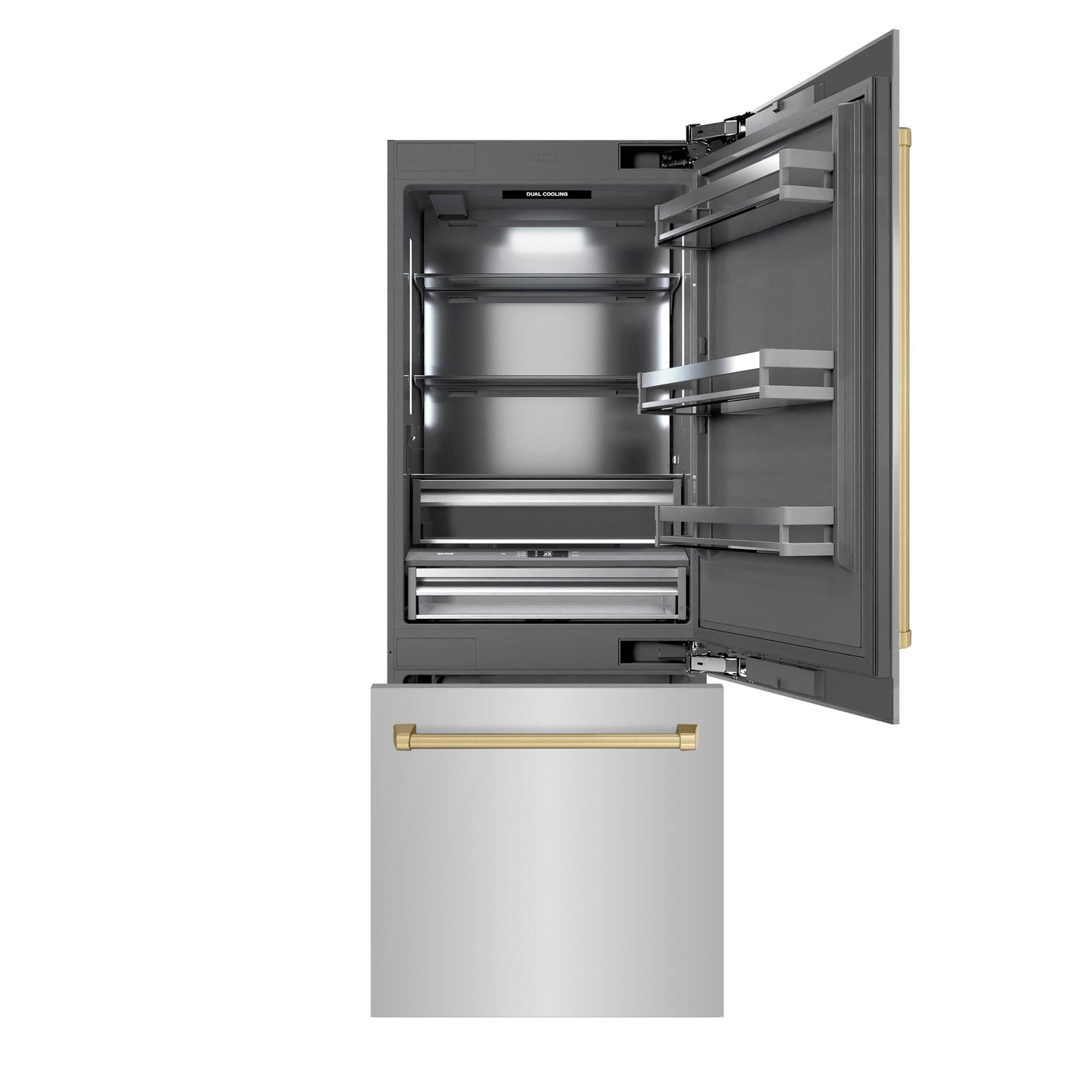 ZLINE Autograph Edition 30 in. 16.1 cu. ft. Built-In Bottom Freezer Refrigerator with Water Dispenser and Ice Maker in Stainless Steel with Graphite Gray Interior and Champagne Bronze Accents (GRBIVZ-304-30CB)