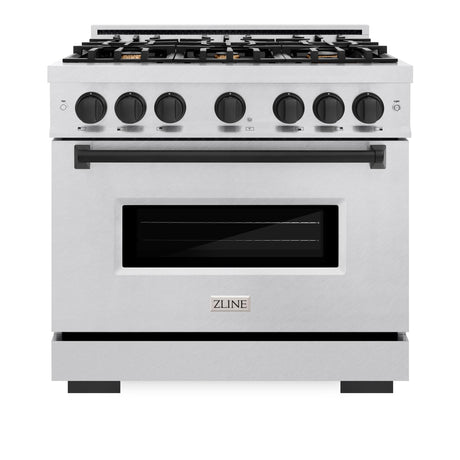 ZLINE Autograph Edition 36 in. 5.2 cu. ft. Classic Dual Fuel Range with 6 Burner Gas Cooktop and Electric Convection Oven in DuraSnow' Stainless Steel with Matte Black Accents (CDRSZ-36-MB)