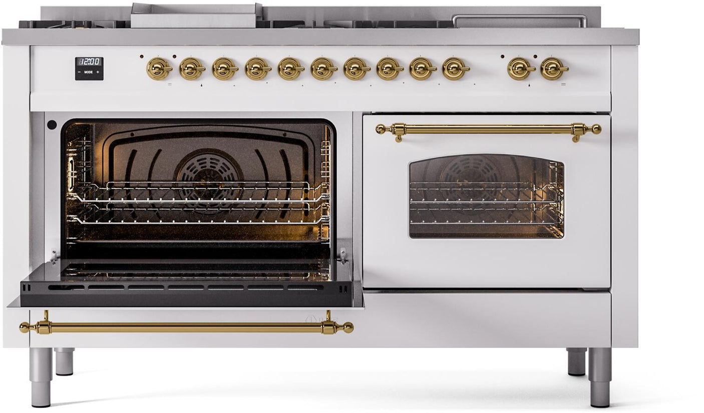 Nostalgie II 60 Inch Dual Fuel Liquid Propane Freestanding Range in White with Brass Trim