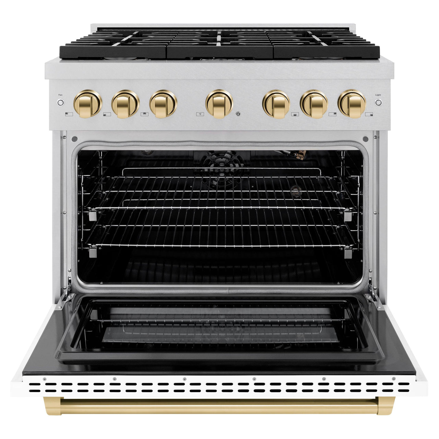 ZLINE Autograph Edition 36 in. 5.2 cu. ft. 6 Burner Gas Range with Convection Gas Oven in DuraSnow' Stainless Steel with White Matte Door and Polished Gold Accents (SGRSZ-WM-36-G)