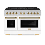 ZLINE Autograph Edition 48 in. 6.7 cu. ft. Paramount Double Oven Dual Fuel Range with 8 Burner Gas Cooktop in DuraSnow' Stainless Steel with White Matte Doors and Polished Gold Accents (SDRSZ-WM-48-G)