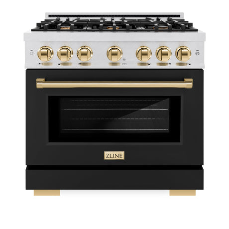 ZLINE Autograph Edition 36 in. 5.2 cu. ft. Select Gas Range with 6 Burner Cooktop and Convection Gas Oven in DuraSnow' Stainless Steel with Black Matte Door and Polished Gold Accents (HGRSZ-BLM-36-G)