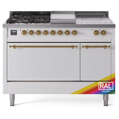 ILVE Nostalgie II 48 UP48FSQNMPRAG Freestanding Dual Fuel Range with 5 Sealed Burners Yes and French Top Double Oven with Solid Door in RAL Color with Brass knobs