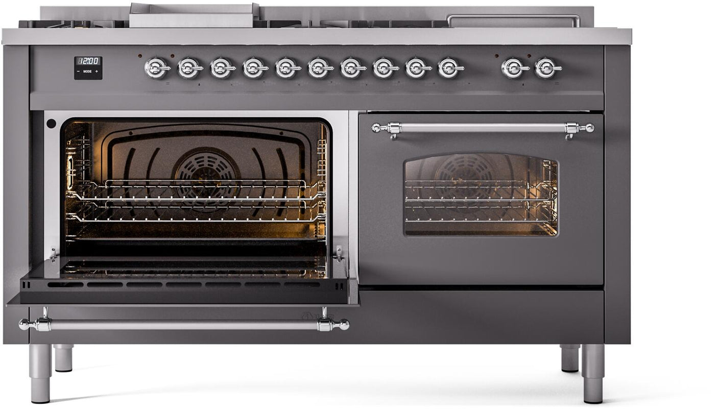 Nostalgie II 60 Inch Dual Fuel Natural Gas Freestanding Range in Matte Graphite with Chrome Trim