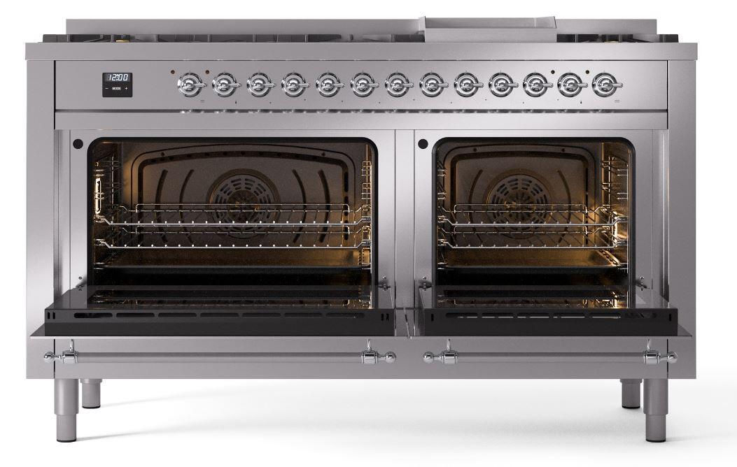 Nostalgie II 60 Inch Dual Fuel Liquid Propane Freestanding Range in Stainless Steel with Chrome Trim