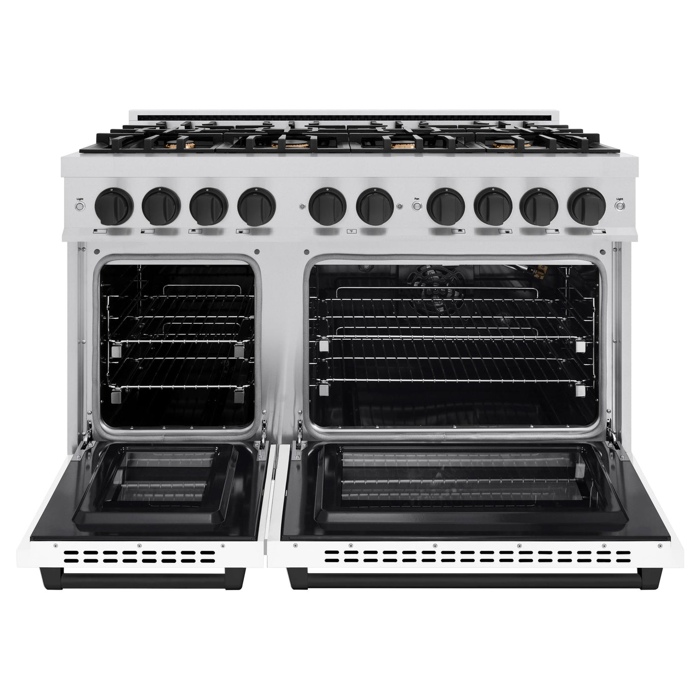 ZLINE Autograph Edition 48 in. 6.7 cu. ft. Select Double Oven Gas Range with 8 Burner Cooktop in Stainless Steel with White Matte Doors and Matte Black Accents (HGRZ-WM-48-MB)