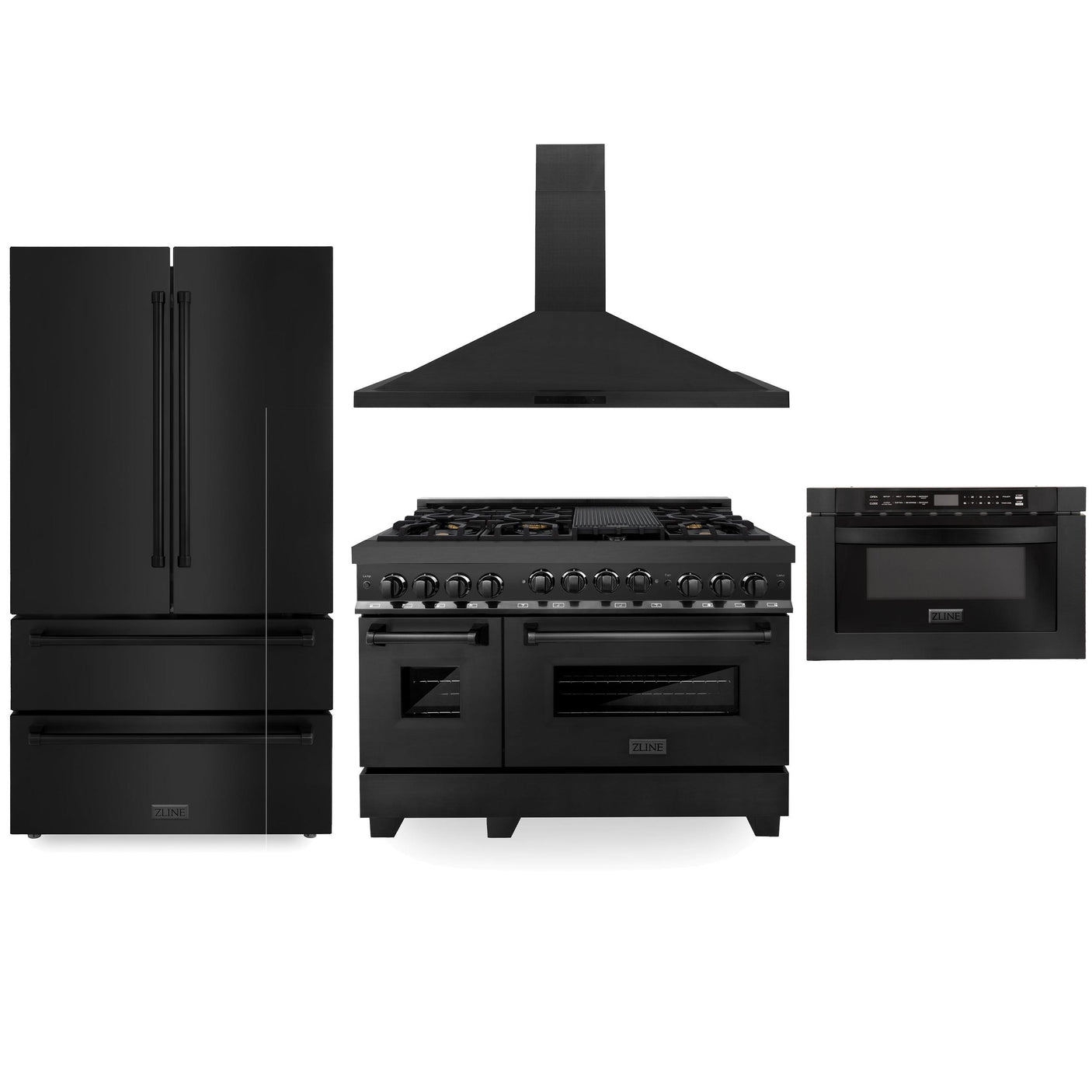 ZLINE Kitchen Package with Black Stainless Steel Refrigeration, 48" Gas Range and 30" Traditional Over the Range Microwave (4KPR-RGBRH48-MW)