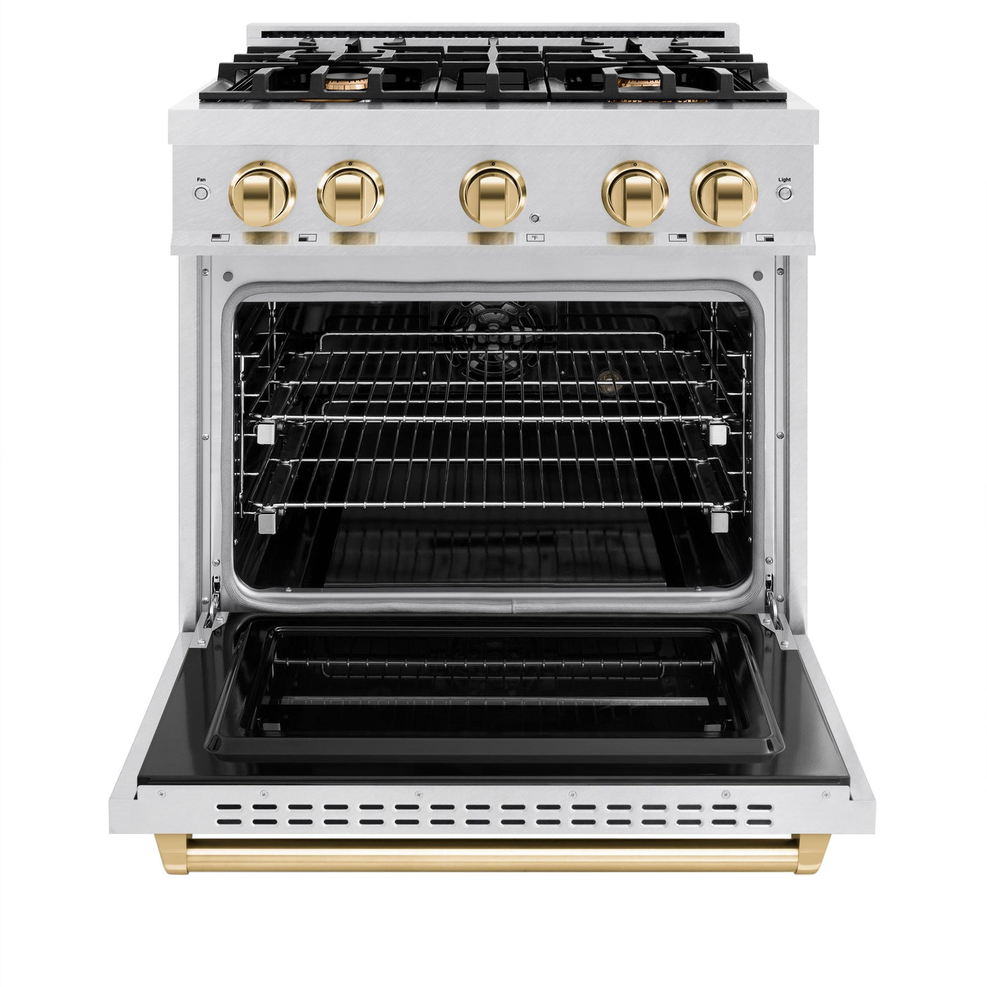 ZLINE Autograph Edition 30 in. 4.2 cu. ft. Classic Dual Fuel Range with 4 Burner Gas Cooktop and Electric Convection Oven in DuraSnow' Stainless Steel with Polished Gold Accents (CDRSZ-30-G)