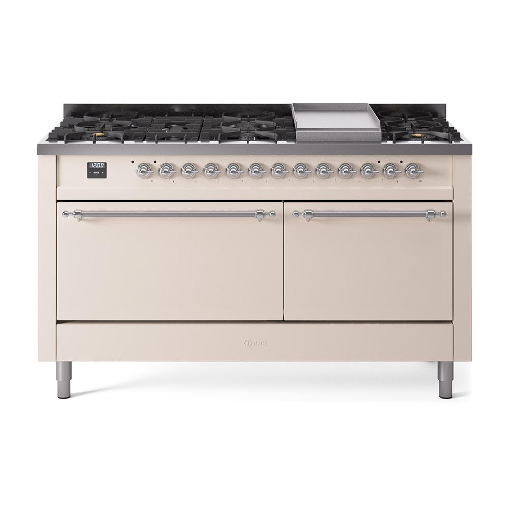 ILVE Nostalgie II 60 UP60FQNMPAWC Freestanding Dual Fuel Range with 9 Sealed Burners Yes Double Oven with Solid Door in Antique White with Chrome knobs