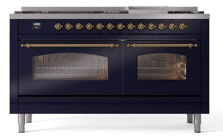 Nostalgie II 60 Inch Dual Fuel Natural Gas Freestanding Range in Blue with Brass Trim