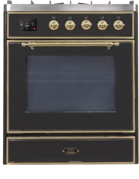 Majestic II 30 Inch Dual Fuel Liquid Propane Freestanding Range in Glossy Black with Brass Trim