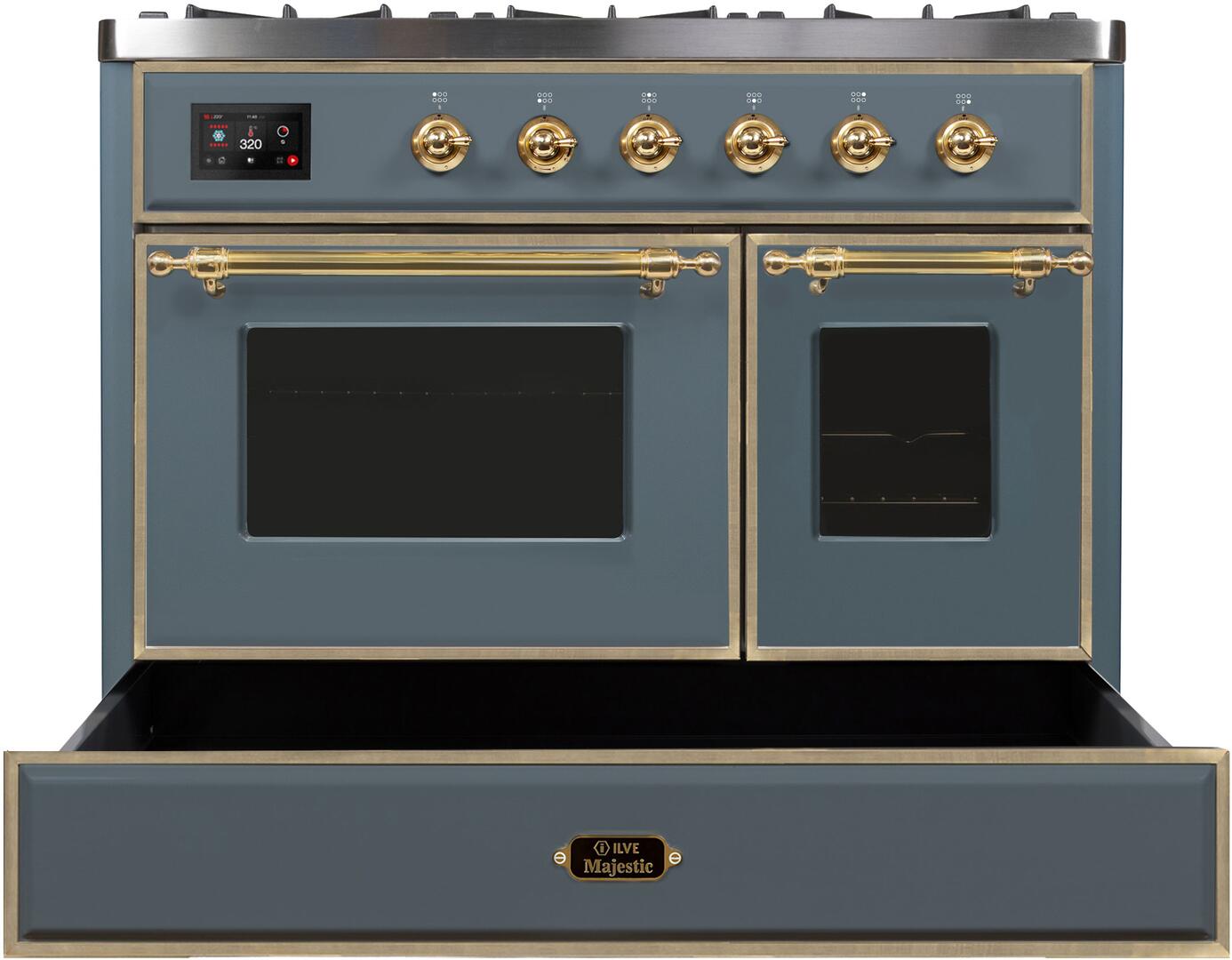 Majestic II 40 Inch Dual Fuel Liquid Propane Freestanding Range in Blue Grey with Brass Trim