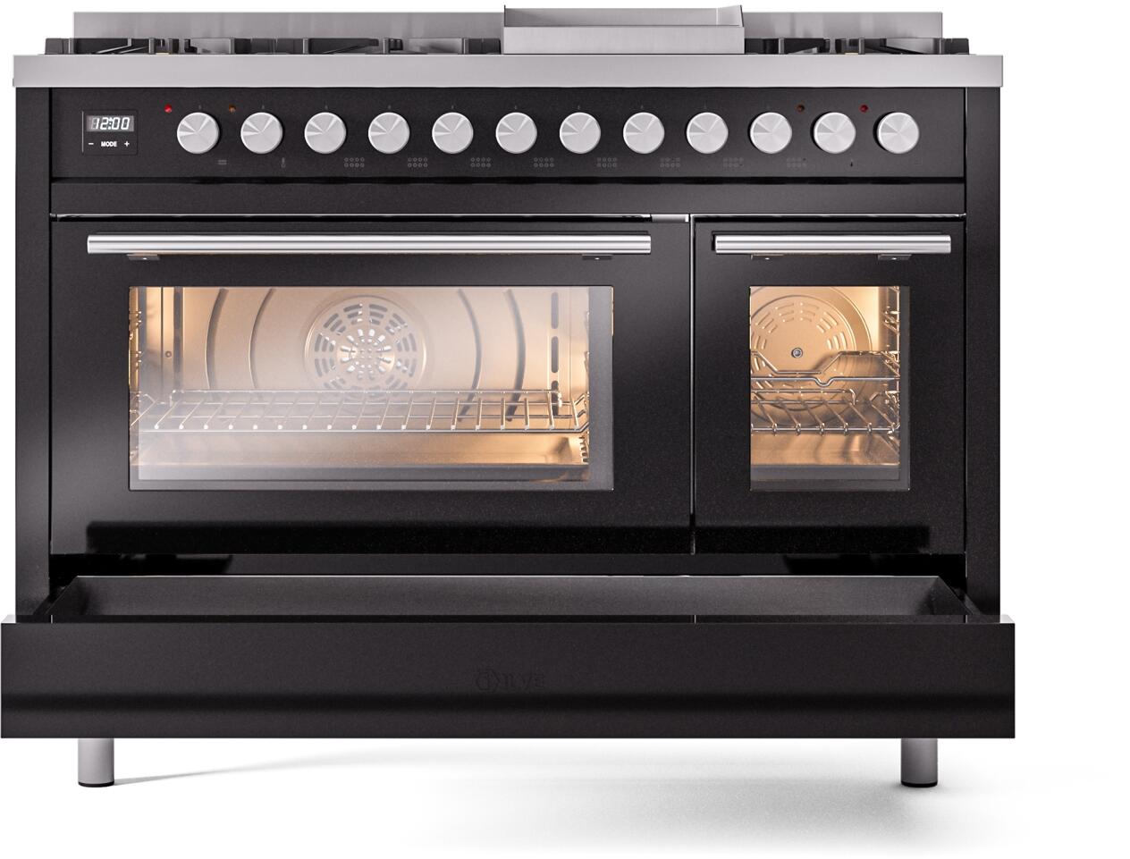 Professional Plus II 48 Inch Dual Fuel Natural Gas Freestanding Range in Glossy Black with Trim