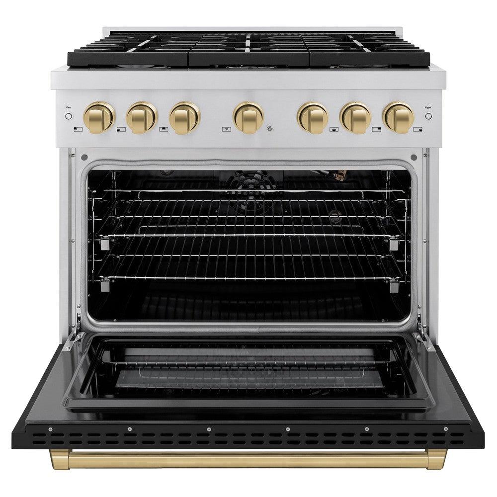 ZLINE Autograph Edition 36 in. 5.2 cu. ft. Paramount Dual Fuel Range with 6 Burner Gas Cooktop and Electric Convection Oven in Stainless Steel with Black Matte Door and Champagne Bronze Accents (SDRZ-BLM-36-CB)