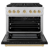 ZLINE Autograph Edition 36 in. 5.2 cu. ft. Paramount Dual Fuel Range with 6 Burner Gas Cooktop and Electric Convection Oven in Stainless Steel with Black Matte Door and Champagne Bronze Accents (SDRZ-BLM-36-CB)