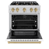 ZLINE Autograph Edition 30 in. 4.2 cu. ft. Select Dual Fuel Range with 4 Burner Gas Cooktop and Electric Convection Oven in DuraSnow' Stainless Steel with White Matte Door and Champagne Bronze Accents (HDRSZ-WM-30-CB)