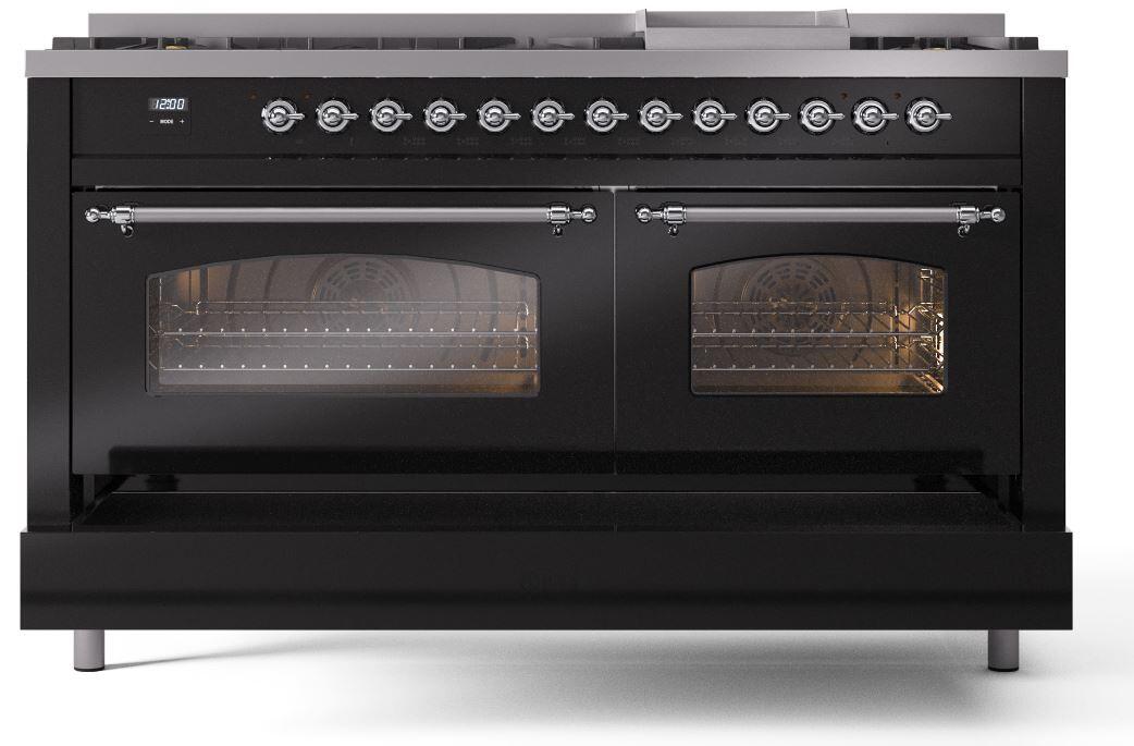 Nostalgie II 60 Inch Dual Fuel Liquid Propane Freestanding Range in Glossy Black with Chrome Trim