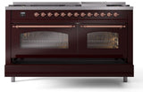 Nostalgie II 60 Inch Dual Fuel Natural Gas Freestanding Range in Burgundy with Copper Trim