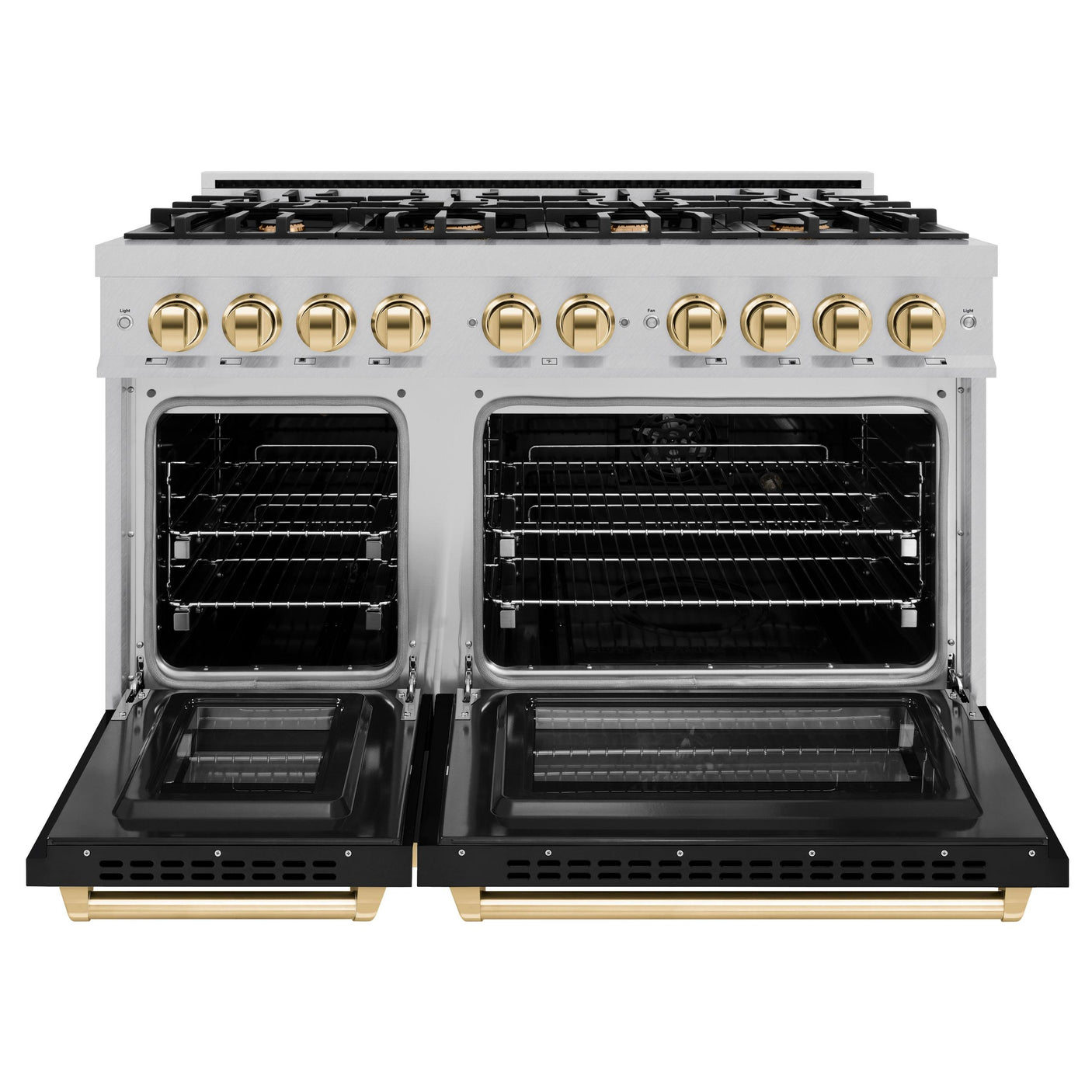 ZLINE Autograph Edition 48 in. 6.7 cu. ft. Select Double Oven Dual Fuel Range with 8 Burner Gas Cooktop in DuraSnow' Stainless Steel with Black Matte Doors and Polished Gold Accents (HDRSZ-BLM-48-G)