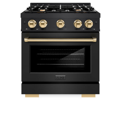 ZLINE Autograph Edition 30 in. 4.2 cu. ft. Select Gas Range with 4 Burner Cooktop and Convection Gas Oven in Black Stainless Steel and Polished Gold Accents (HGRBZ-30-G)