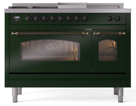 Nostalgie II 48 Inch Dual Fuel Natural Gas Freestanding Range in Emerald Green with Bronze Trim