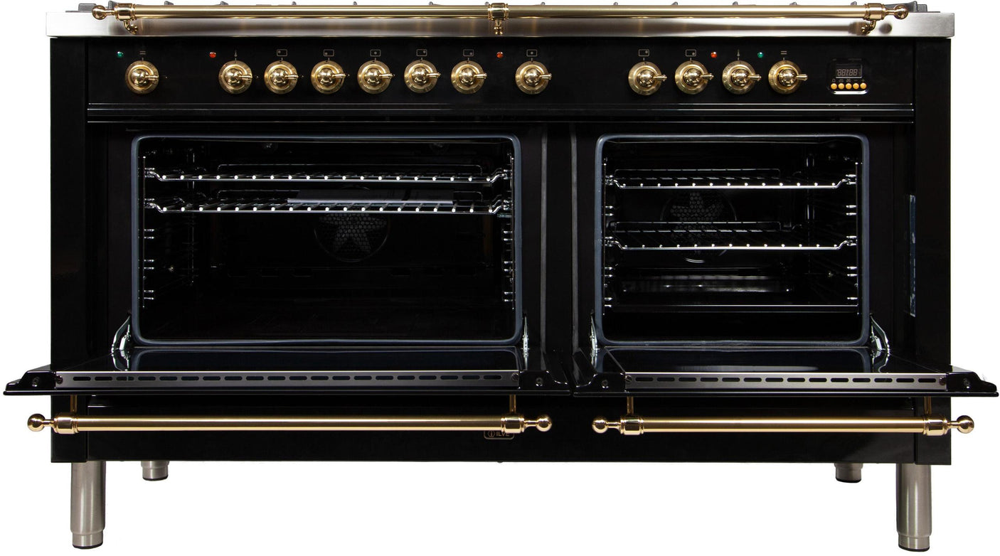 60" Nostalgie Series Freestanding Double Oven Dual Fuel Range with 8 Sealed Burners and Griddle in Glossy Black