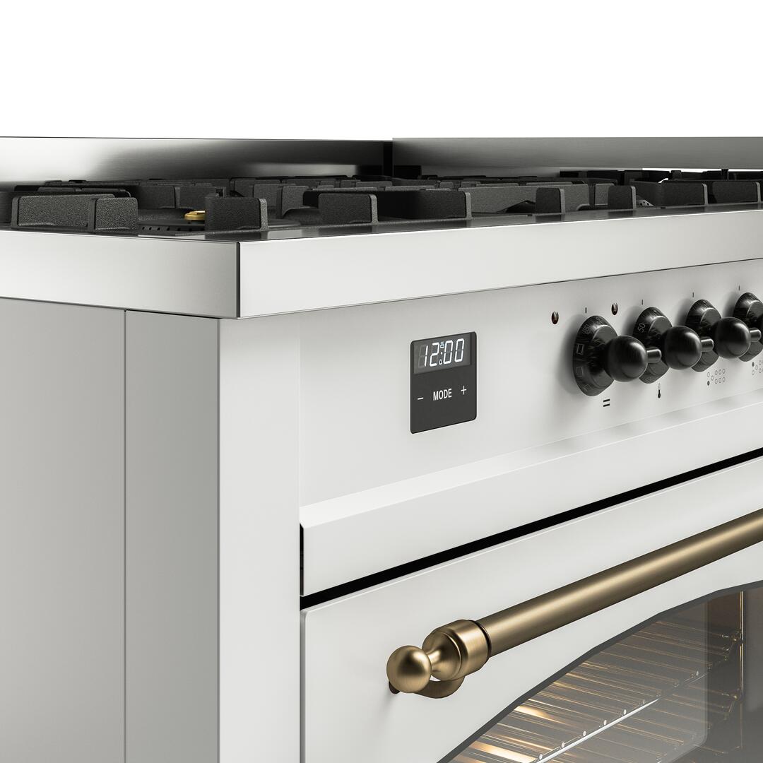 Nostalgie II 60 Inch Dual Fuel Liquid Propane Freestanding Range in White with Bronze Trim