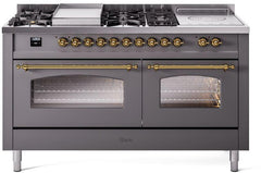 Nostalgie II 60 Inch Dual Fuel Natural Gas Freestanding Range in Matte Graphite with Brass Trim