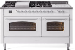 Nostalgie II 60 Inch Dual Fuel Natural Gas Freestanding Range in White with Chrome Trim