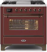 Majestic II 36 Inch Dual Fuel Liquid Propane Freestanding Range in Burgundy with Bronze Trim