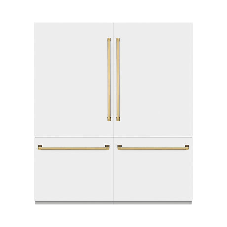 ZLINE Autograph Edition 72 in. 39.6 cu. ft. French Door Built-In Bottom Freezer Refrigerator with Water Dispensers and Ice Makers in White Matte with Graphite Gray Interior and Polished Gold Accents (GRBITZ-WM-72-G)