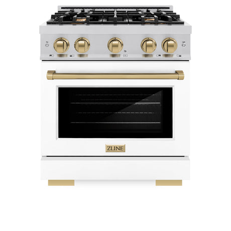 ZLINE Autograph Edition 30 in. 4.2 cu. ft. Select Dual Fuel Range with 4 Burner Gas Cooktop and Electric Convection Oven in Stainless Steel with White Matte Door and Champagne Bronze Accents (HDRZ-WM-30-CB)