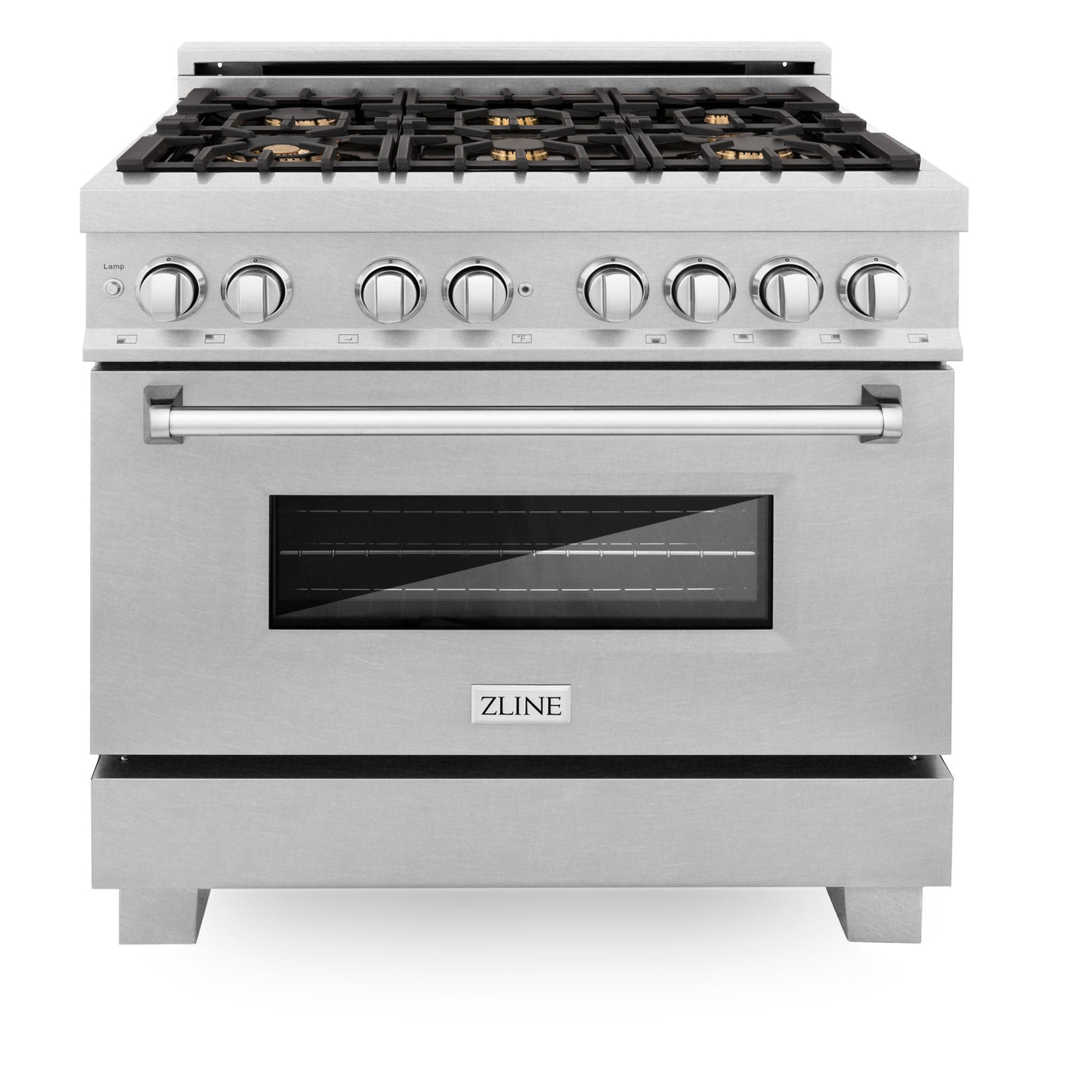 ZLINE 36 in. Professional Dual Fuel Range in DuraSnow Stainless Steel with Brass Burners and Reversible Griddle (RAS-SN-BR-GR-36)