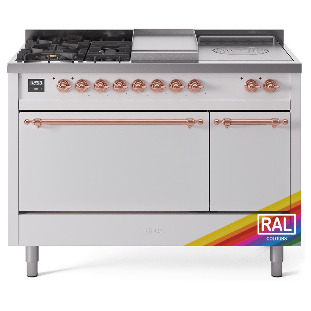 ILVE Nostalgie II 48 UP48FSQNMPRAP Freestanding Dual Fuel Range with 5 Sealed Burners Yes and French Top Double Oven with Solid Door in RAL Color with Copper knobs