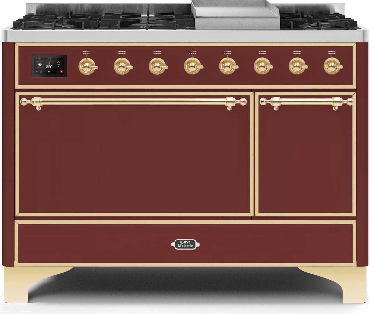 Majestic II 48 Inch Dual Fuel Natural Gas Freestanding Range in Burgundy with Brass Trim