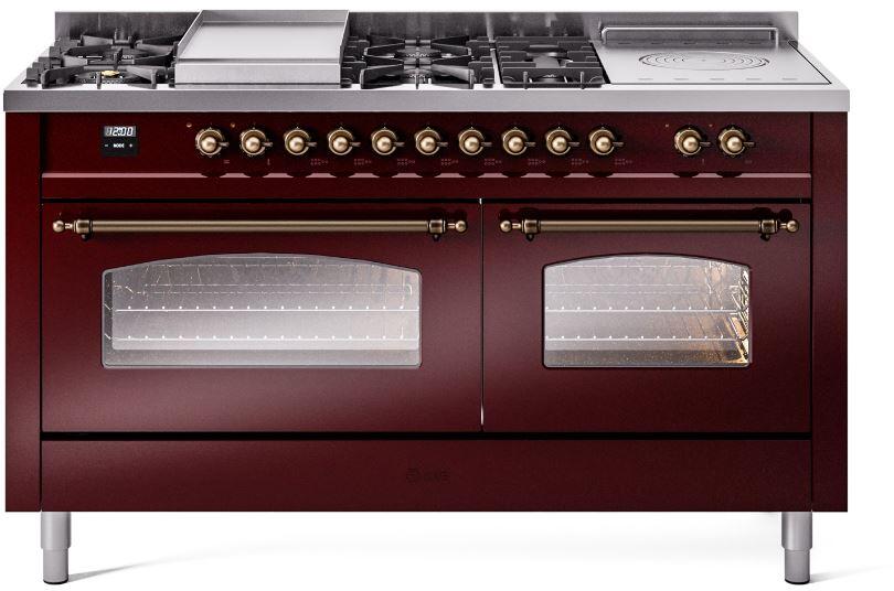 Nostalgie II 60 Inch Dual Fuel Liquid Propane Freestanding Range in Burgundy with Bronze Trim