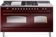 Nostalgie II 60 Inch Dual Fuel Liquid Propane Freestanding Range in Burgundy with Bronze Trim