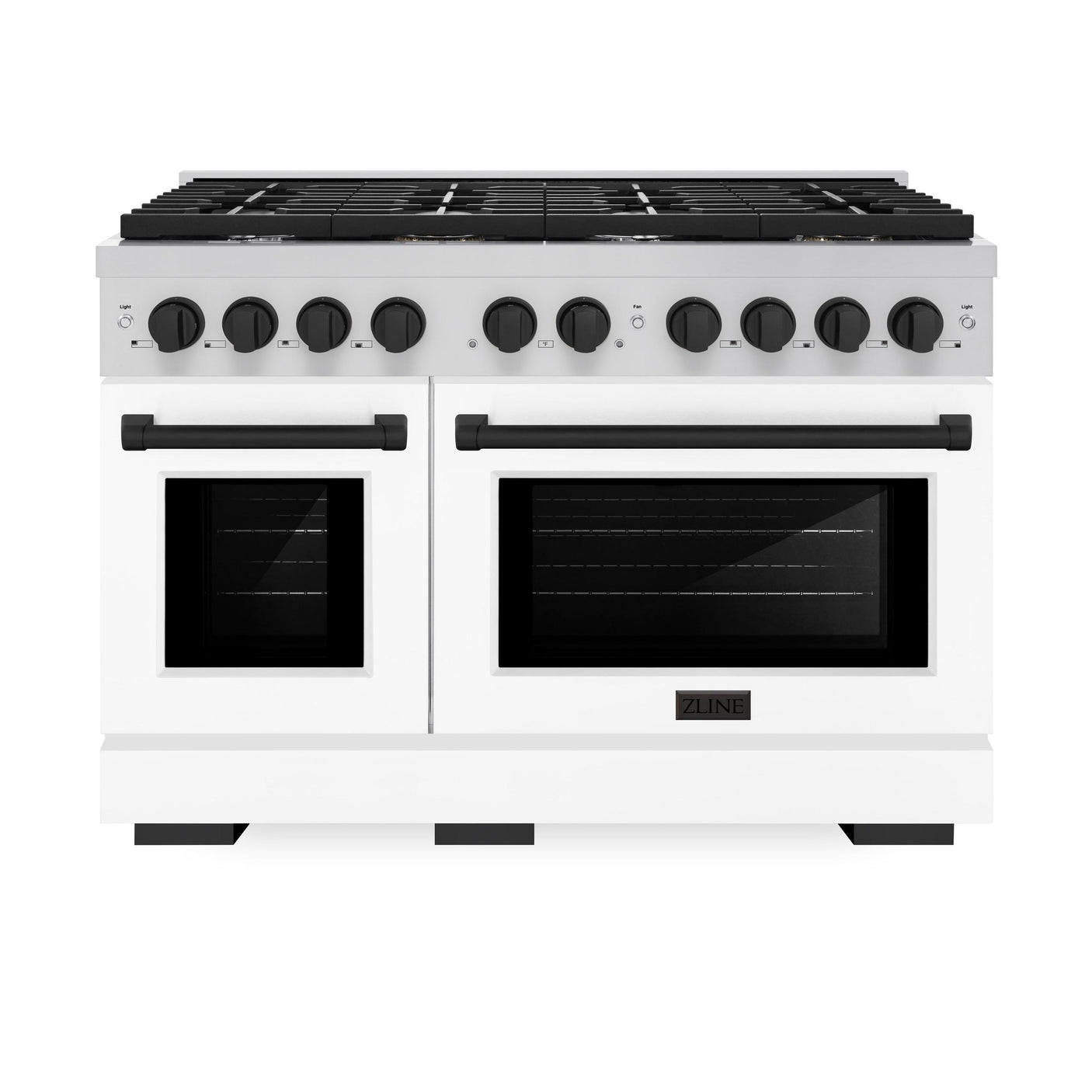 ZLINE Autograph Edition 48 in. 6.7 cu. ft. 8 Burner Double Oven Gas Range in Stainless Steel with White Matte Doors and Matte Black Accents (SGRZ-WM-48-MB)