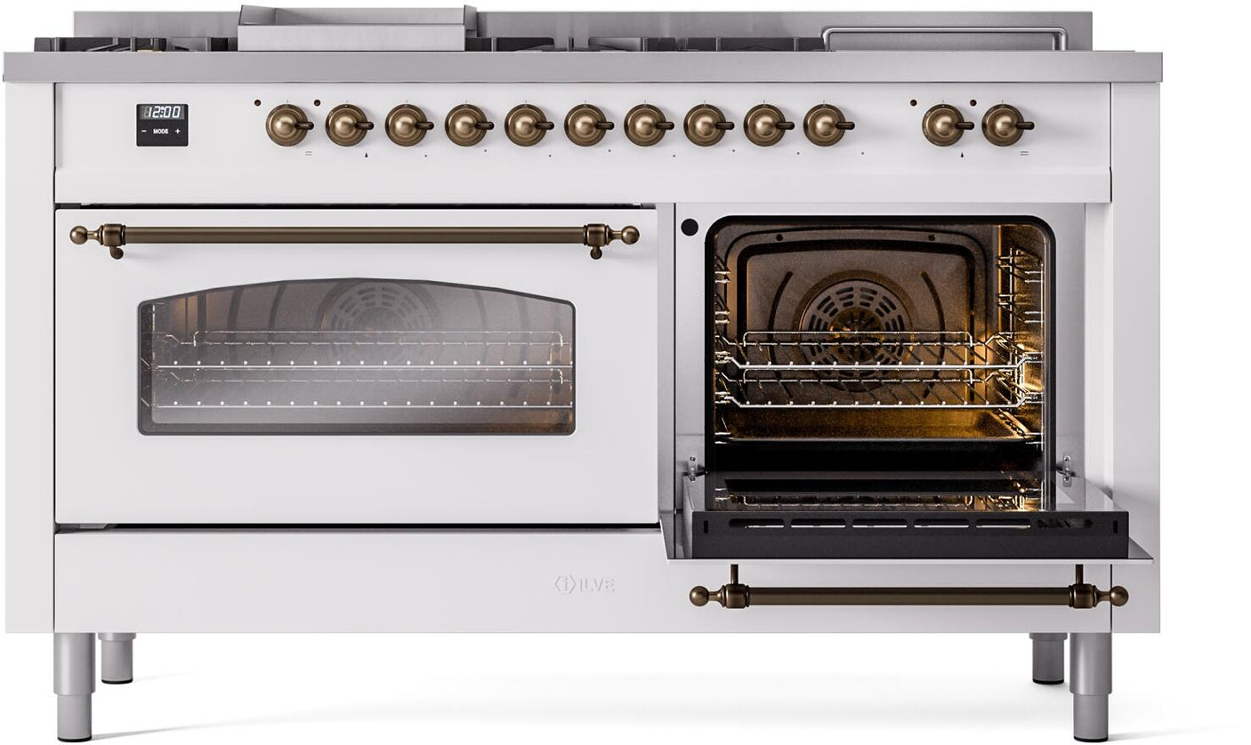 Nostalgie II 60 Inch Dual Fuel Natural Gas Freestanding Range in White with Bronze Trim