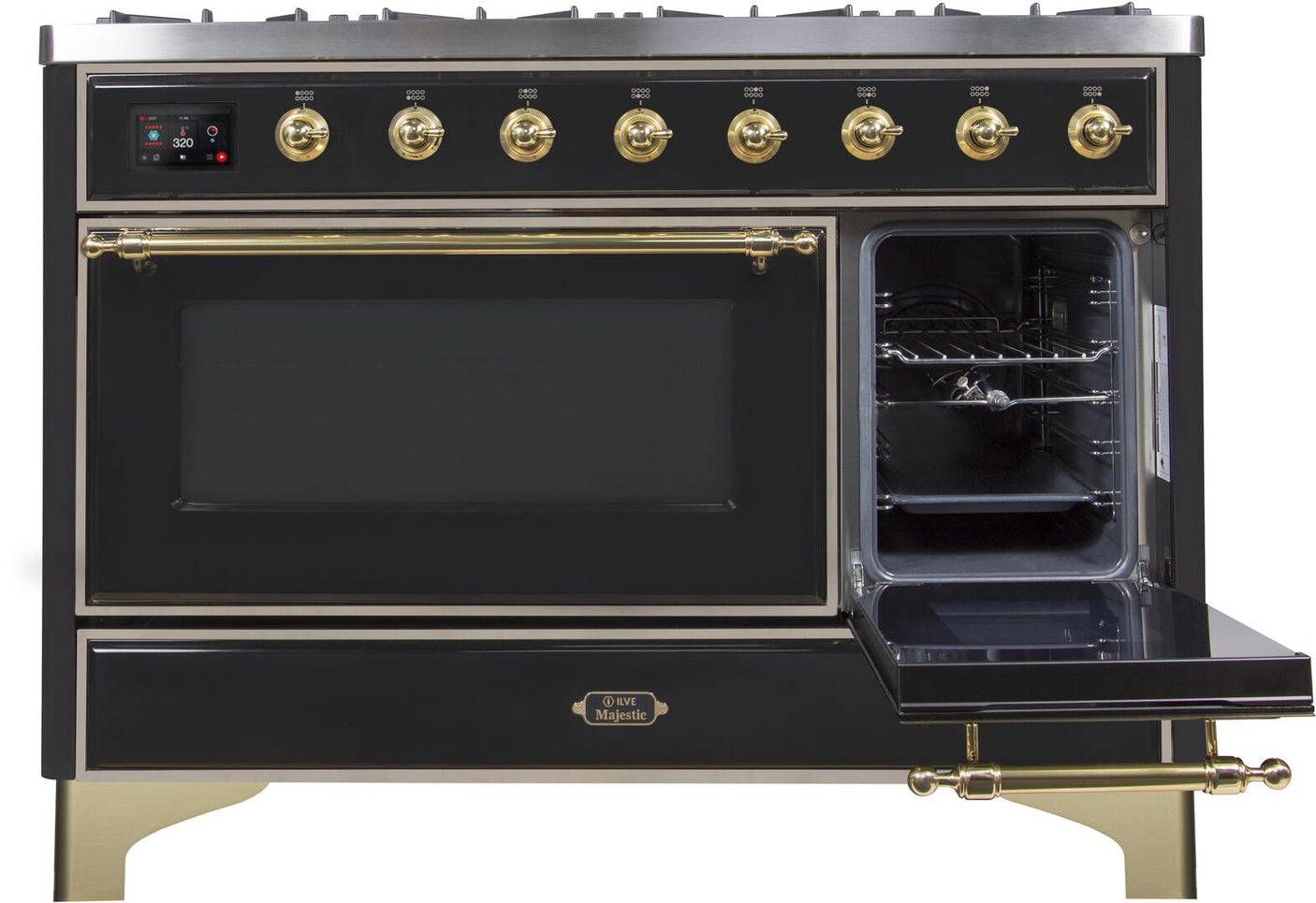 Majestic II 48 Inch Dual Fuel Liquid Propane Freestanding Range in Glossy Black with Brass Trim