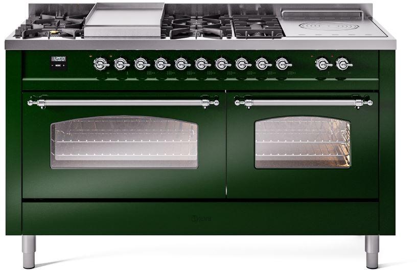 Nostalgie II 60 Inch Dual Fuel Liquid Propane Freestanding Range in Emerald Green with Chrome Trim