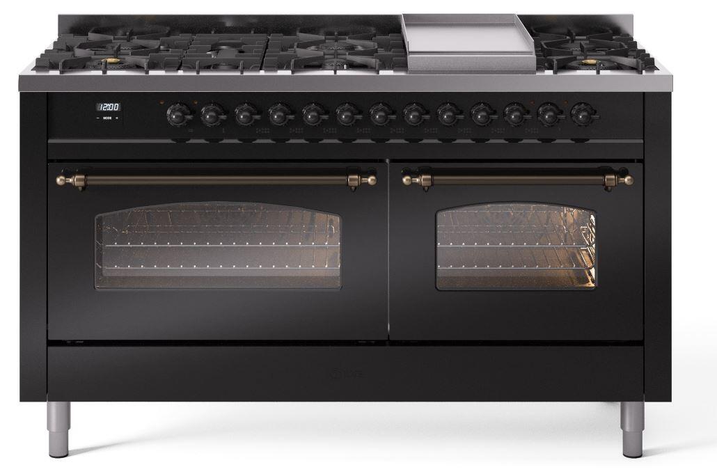 Nostalgie II 60 Inch Dual Fuel Natural Gas Freestanding Range in Glossy Black with Bronze Trim