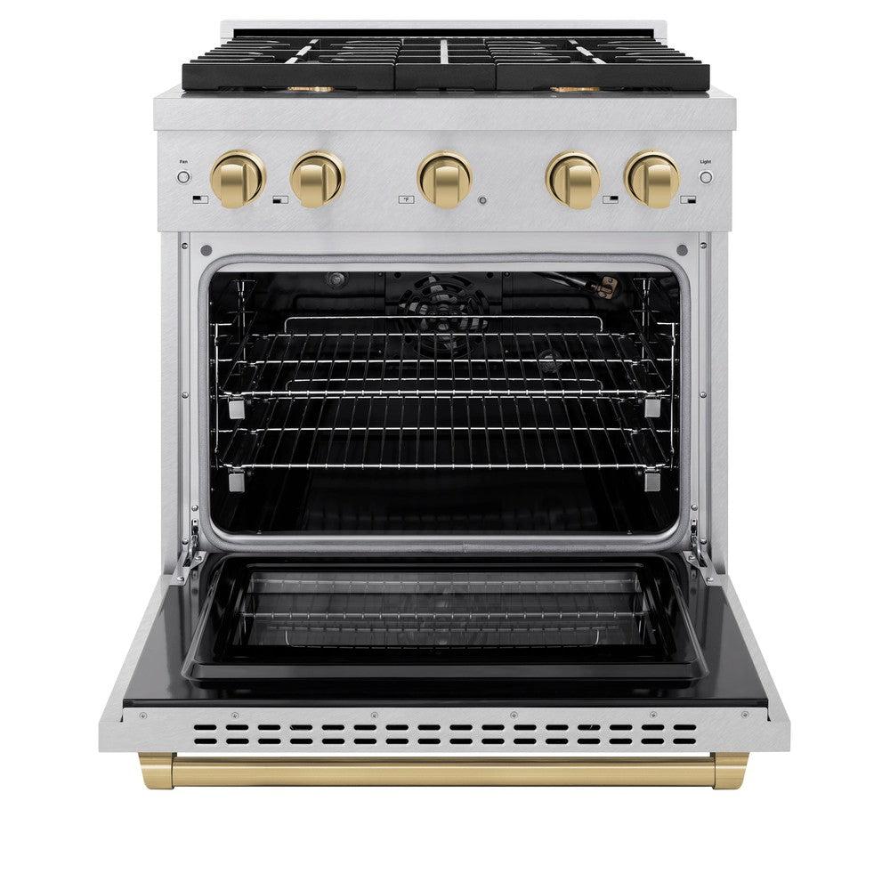 ZLINE Autograph Edition 30 in. 4.2 cu. ft. Paramount Dual Fuel Range with 4 Burner Gas Cooktop and Electric Convection Oven in DuraSnow' Stainless Steel with Champagne Bronze Accents (SDRSZ-30-CB)