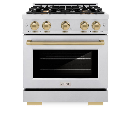 ZLINE Autograph Edition 30 in. 4.2 cu. ft. Select Dual Fuel Range with 4 Burner Gas Cooktop and Electric Convection Oven in DuraSnow' Stainless Steel with Champagne Bronze Accents (HDRSZ-30-CB)